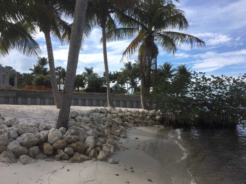 Coastal property with riprap shoreline protection, palm trees, and concrete seawall along sandy beach