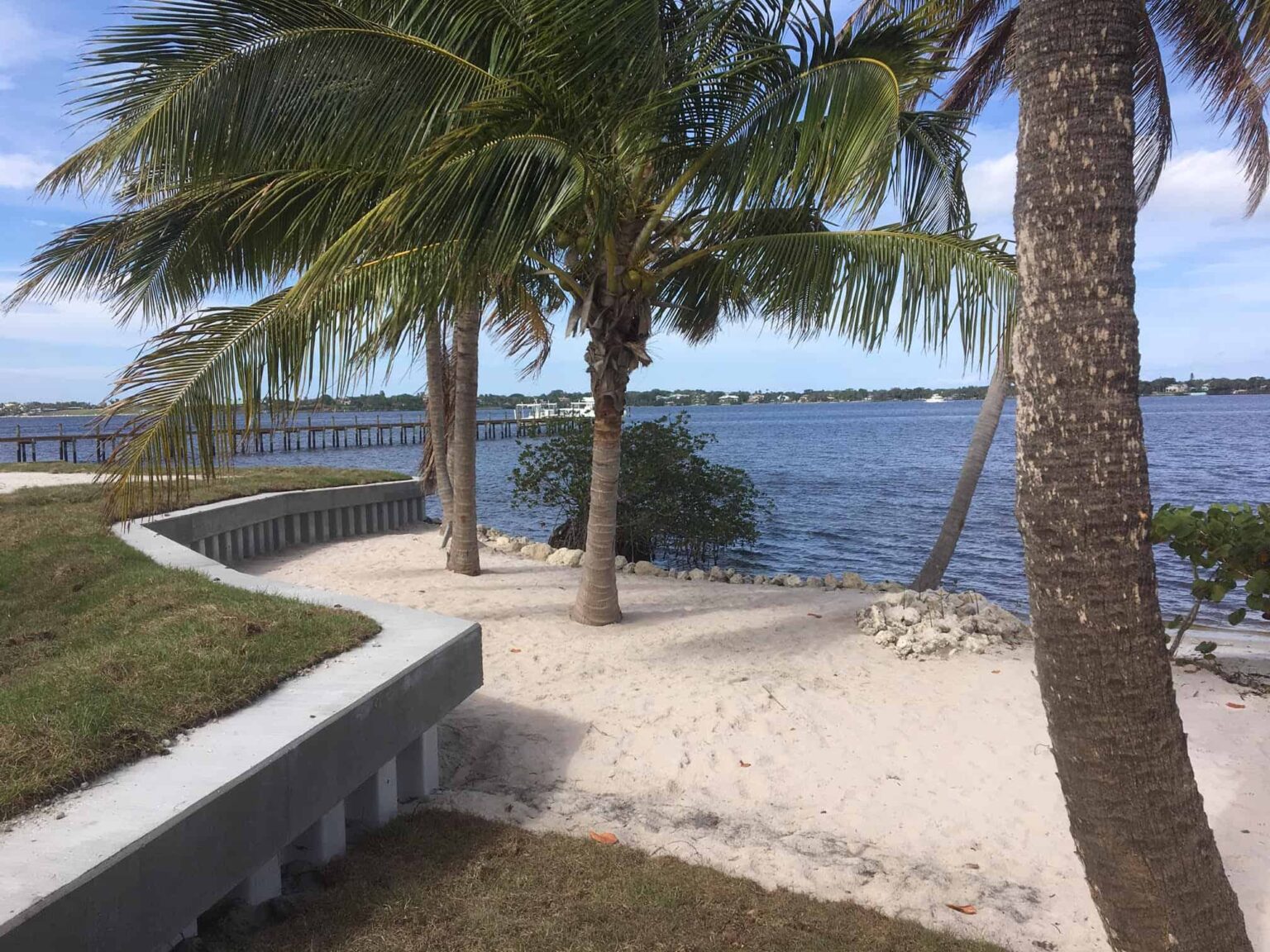 Seawall along a tropical shoreline with palm trees and sandy beach overlooking a calm waterway.